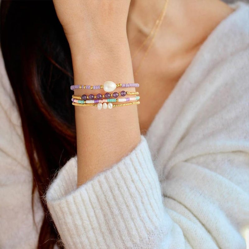 Pymach Store Dainty Gold Plated Pearl Crystal Beaded Bracelets Set for Women 14K Gold Plated Bead Pearl Beads Bracelet Stackable Paperclip Link Chain Bracelets Gold Plated Bracelets for Women Trendy Jewelry - Image 5